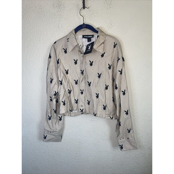 New Play Boy Bunny Crop Long Sleeve Button Up City Retro 90s Y2k Mob M - Picture 1 of 9